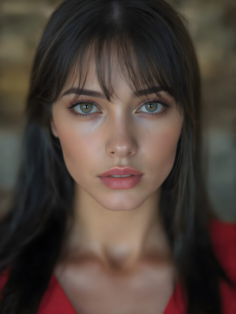 a beautiful girl with (((sleek long black hair))) and (((sharp bright brown eyes))), along with (((long eyelashes))) and (((bright red lips))), a (((beautiful sleek shiny red top, deep v-neck, wide open front))), highly detailed, cinematic, (((hyper realistic)))