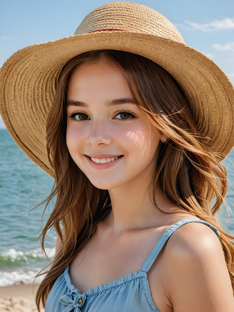 a beautiful gorgeous young teen girl, she has auburn soft long straight hair and wears a straw hat, the sea can be seen in the background, she smiles, ((detailed, realistic portrait))