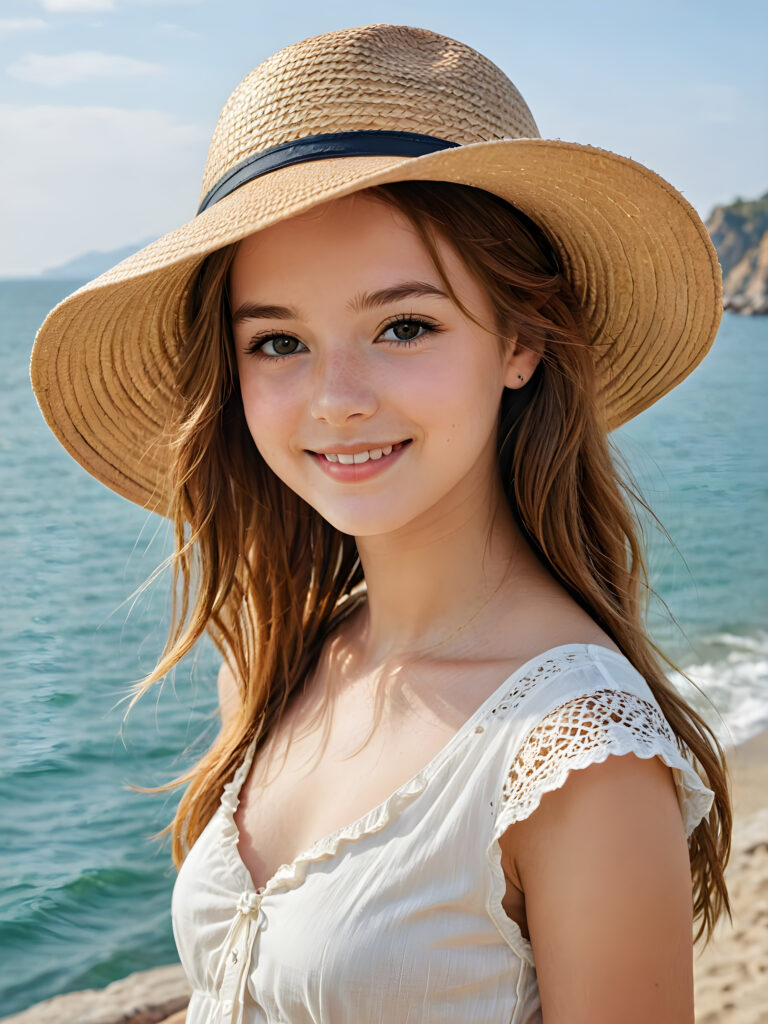 a beautiful gorgeous young teen girl, she has auburn soft long straight hair and wears a straw hat, the sea can be seen in the background, she smiles, ((detailed, realistic portrait))