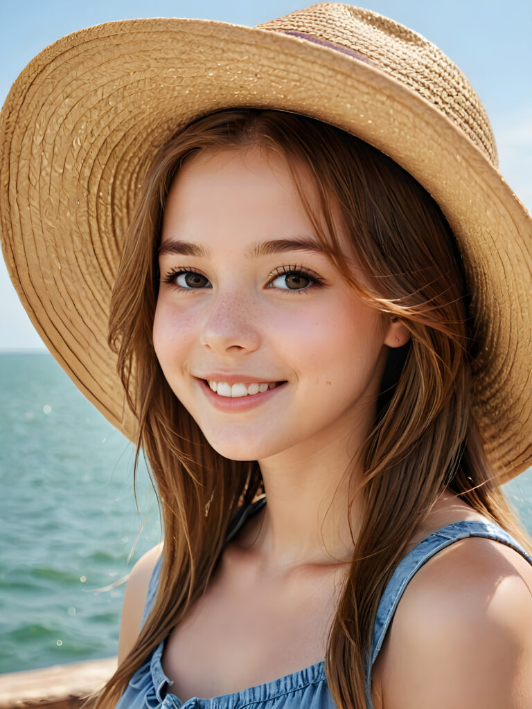 a beautiful gorgeous young teen girl, she has auburn soft long straight hair and wears a straw hat, the sea can be seen in the background, she smiles, ((detailed, realistic portrait))