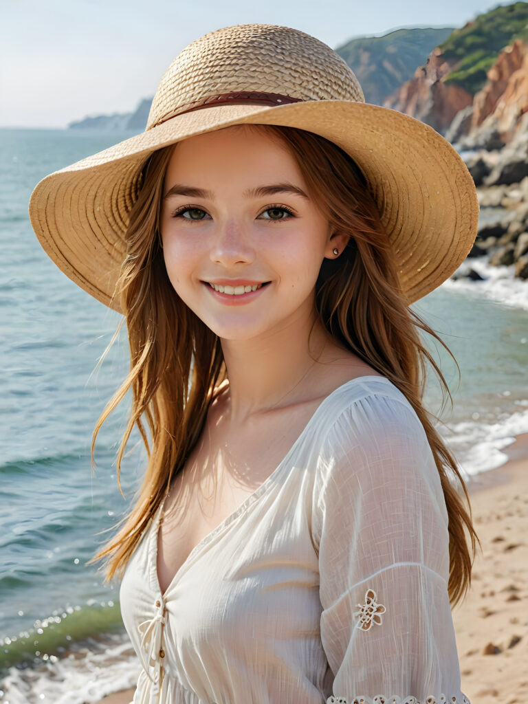 a beautiful gorgeous young teen girl, she has auburn soft long straight hair and wears a straw hat, the sea can be seen in the background, she smiles, ((detailed, realistic portrait))