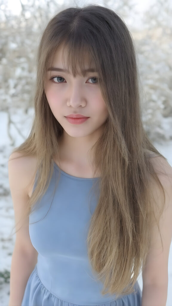 a beautiful innocent looking breathtaking Asian teen girl, full body view, (full lips, pink cheeks, surrealist natural makeup), long glossy blonde soft straight jet long hair, in royal blue short tank top and round mini skirt, (full long dress view), in the background of the beautiful clear day in the winter in a garden. full body view