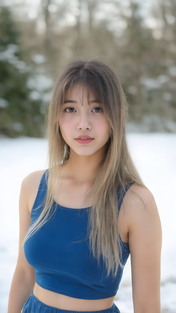 a beautiful innocent looking breathtaking Asian teen girl, full body view, (full lips, pink cheeks, surrealist natural makeup), long glossy blonde soft straight jet long hair, in royal blue short tank top and round mini skirt, (full long dress view), in the background of the beautiful clear day in the winter in a garden. full body view