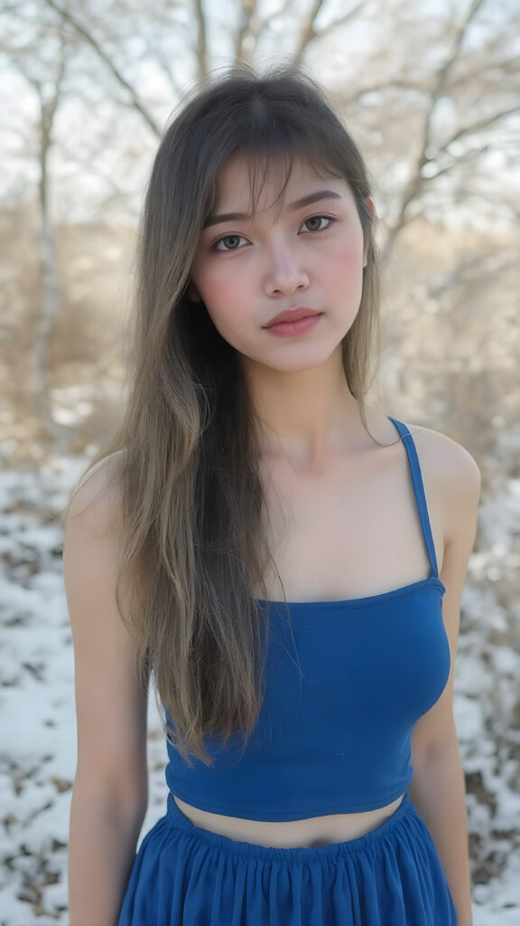 a beautiful innocent looking breathtaking Asian teen girl, full body view, (full lips, pink cheeks, surrealist natural makeup), long glossy blonde soft straight jet long hair, in royal blue short tank top and round mini skirt, (full long dress view), in the background of the beautiful clear day in the winter in a garden. full body view