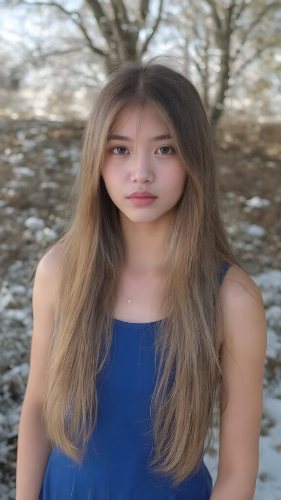 a beautiful innocent looking breathtaking Asian teen girl, full body view, (full lips, pink cheeks, surrealist natural makeup), long glossy blonde soft straight jet long hair, in royal blue short tank top and round mini skirt, (full long dress view), in the background of the beautiful clear day in the winter in a garden. full body view