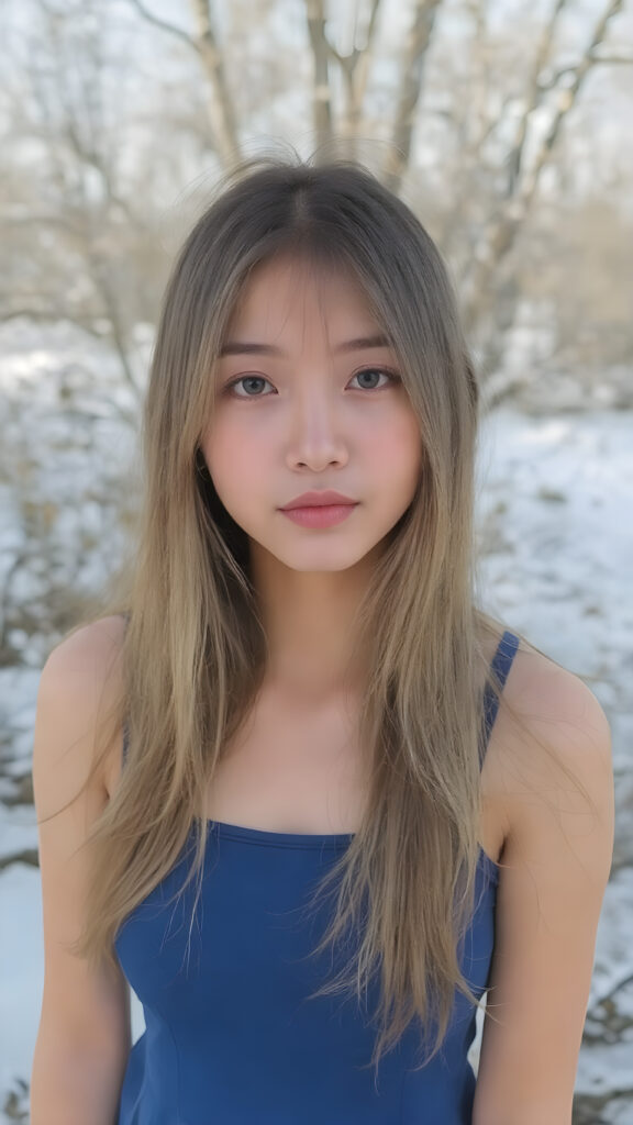 a beautiful innocent looking breathtaking Asian teen girl, full body view, (full lips, pink cheeks, surrealist natural makeup), long glossy blonde soft straight jet long hair, in royal blue short tank top and round mini skirt, (full long dress view), in the background of the beautiful clear day in the winter in a garden. full body view