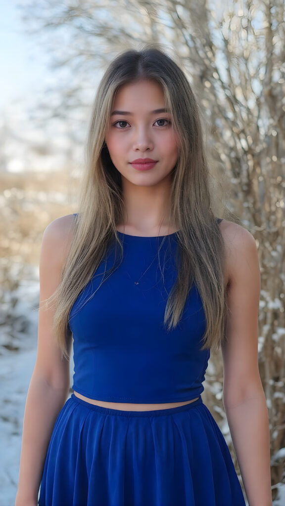 a beautiful innocent looking breathtaking Asian teen girl, full body view, (full lips, pink cheeks, surrealist natural makeup), long glossy blonde soft straight jet long hair, in royal blue short tank top and round mini skirt, (full long dress view), in the background of the beautiful clear day in the winter in a garden. full body view