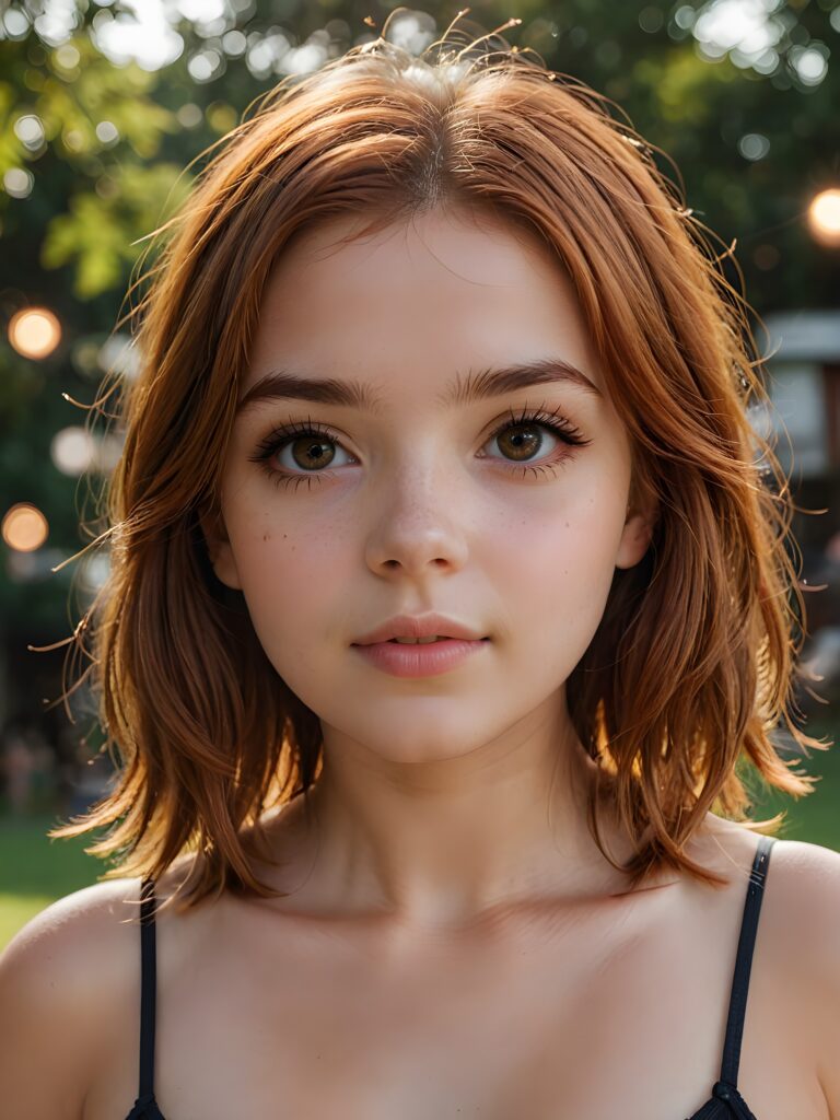 a beautiful long bob auburn haired teen girl, realistic detailed close-up shot, skimpy and lightly dressed, full lips, ((dark eyes, her eyes shine))