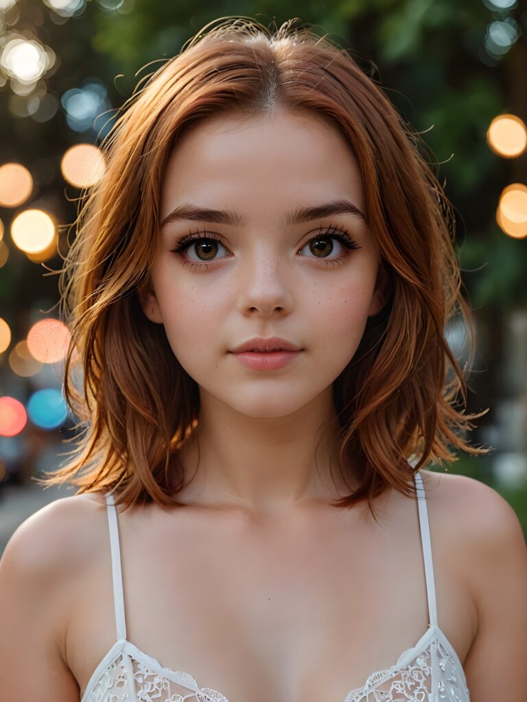 a beautiful long bob auburn haired teen girl, realistic detailed close-up shot, skimpy and lightly dressed, full lips, ((dark eyes, her eyes shine))