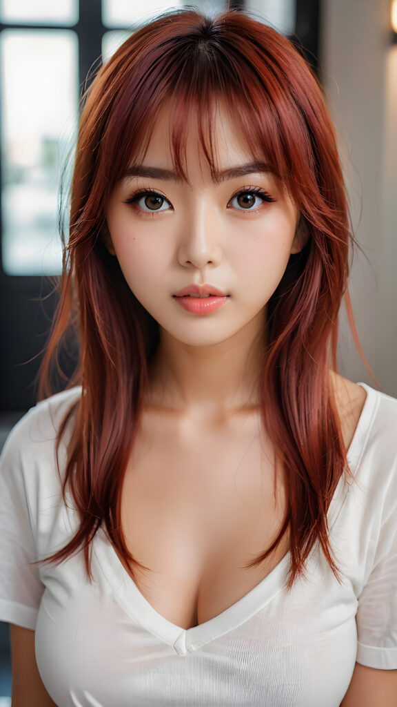 a beautiful masterpiece photo, from a beautiful young busty pretty Japanese girl, with red shiny long straight soft hair, bangs, and very large luminous eyes, (a white short plain t-shirt with deep v-neck), beautiful detailed lips, pretty face