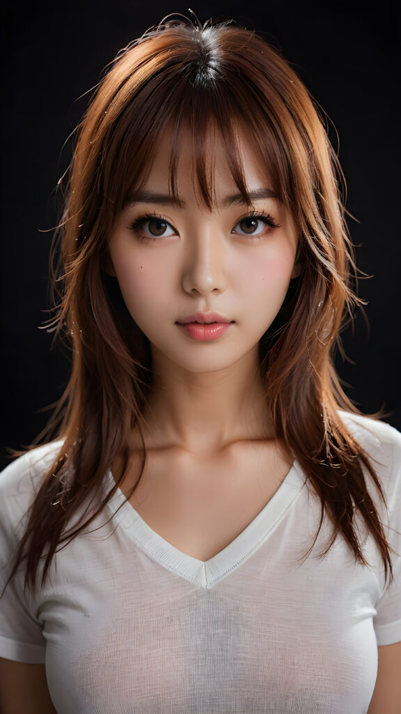 a beautiful masterpiece photo, from a beautiful young busty pretty Japanese girl, with amber red shiny long straight soft hair, bangs, and very large luminous eyes, (a white short plain t-shirt with deep v-neck), beautiful detailed lips, pretty face ((empty black backdrop))