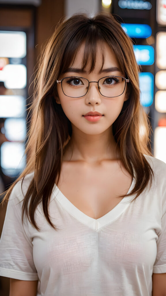 a beautiful masterpiece photo, from a beautiful young busty pretty Japanese girl, with brown shiny long straight soft hair, bangs, and very large luminous eyes, wearing glasses, (a white short plain t-shirt with deep v-neck), beautiful detailed lips, pretty face