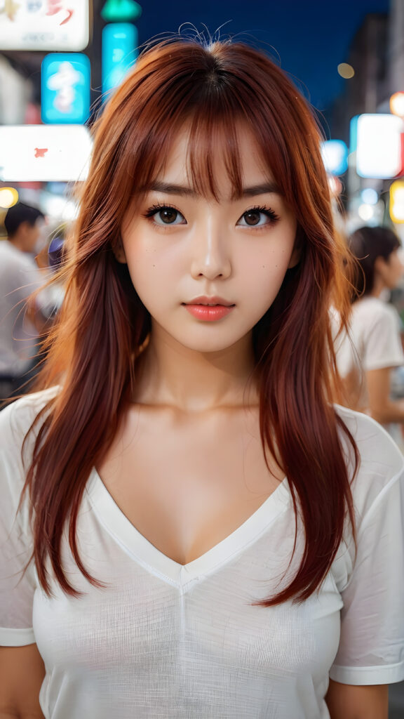 a beautiful masterpiece photo, from a beautiful young busty pretty Japanese girl, with red shiny long straight soft hair, bangs, and very large luminous eyes, (a white short plain t-shirt with deep v-neck), beautiful detailed lips, pretty face