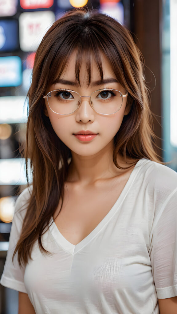 a beautiful masterpiece photo, from a beautiful young busty pretty Japanese girl, with brown shiny long straight soft hair, bangs, and very large luminous eyes, wearing glasses, (a white short plain t-shirt with deep v-neck), beautiful detailed lips, pretty face