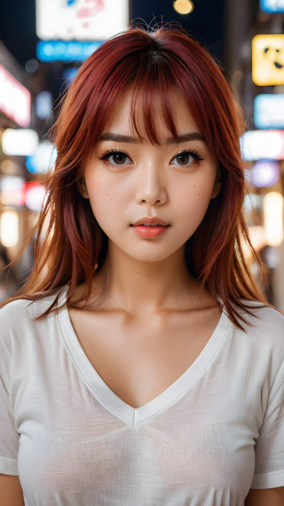 a beautiful masterpiece photo, from a beautiful young busty pretty Japanese girl, with red shiny long straight soft hair, bangs, and very large luminous eyes, (a white short plain t-shirt with deep v-neck), beautiful detailed lips, pretty face