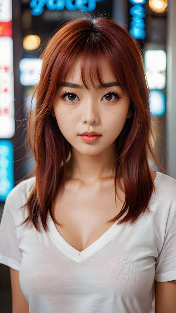 a beautiful masterpiece photo, from a beautiful young busty pretty Japanese girl, with red shiny long straight soft hair, bangs, and very large luminous eyes, (a white short plain t-shirt with deep v-neck), beautiful detailed lips, pretty face