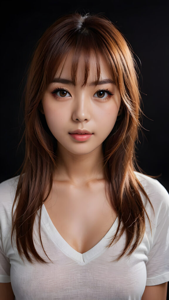 a beautiful masterpiece photo, from a beautiful young busty pretty Japanese girl, with amber red shiny long straight soft hair, bangs, and very large luminous eyes, (a white short plain t-shirt with deep v-neck), beautiful detailed lips, pretty face ((empty black backdrop))