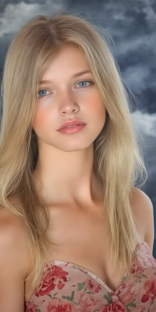 a beautiful, painted picture of a young girl in a silky, flower patterned dress, her soft silky dark blond hair falls over her upper body and is smooth and shiny, in the background a storm is coming up and the clouds are dark, she looks seductive, plump full red lips and white teeth, her eyes are deep blue and shine. It is a masterpiece of a picture and very detailed. The girl is pretty with soft features. Her body and skin are flawless and beautifully sculpted.