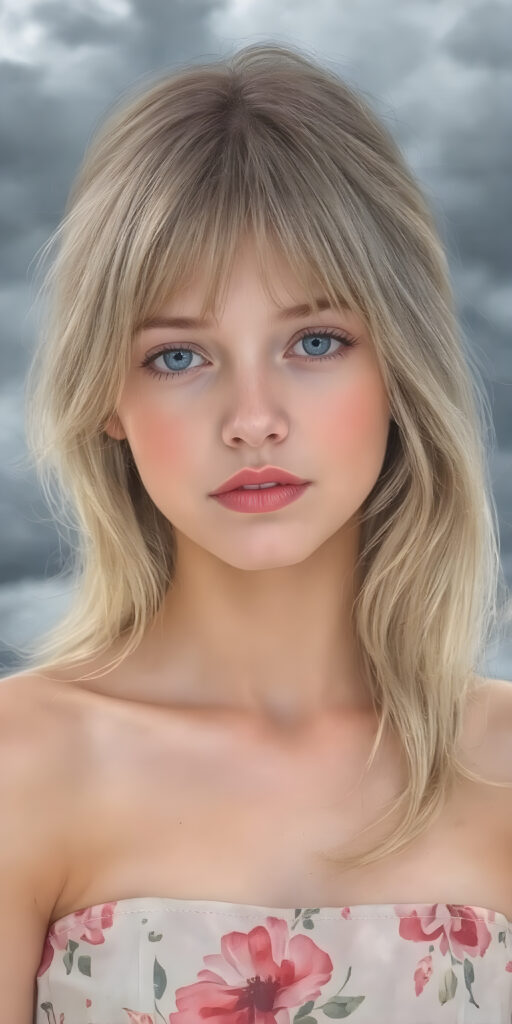 a beautiful, painted picture of a young girl in a silky, flower patterned dress, her soft silky dark blond hair falls over her upper body and is smooth and shiny, in the background a storm is coming up and the clouds are dark, she looks seductive, plump full red lips and white teeth, her eyes are deep blue and shine. It is a masterpiece of a picture and very detailed. The girl is pretty with soft features. Her body and skin are flawless and beautifully sculpted.