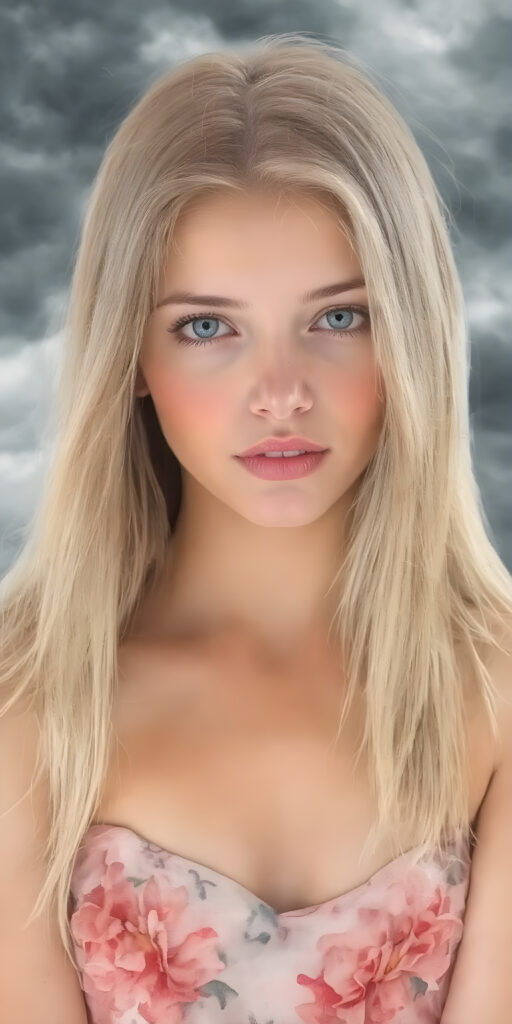 a beautiful, painted picture of a young girl in a silky, flower patterned dress, her soft silky dark blond hair falls over her upper body and is smooth and shiny, in the background a storm is coming up and the clouds are dark, she looks seductive, plump full red lips and white teeth, her eyes are deep blue and shine. It is a masterpiece of a picture and very detailed. The girl is pretty with soft features. Her body and skin are flawless and beautifully sculpted.