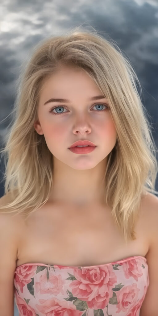 a beautiful, painted picture of a young girl in a silky, flower patterned dress, her soft silky dark blond hair falls over her upper body and is smooth and shiny, in the background a storm is coming up and the clouds are dark, she looks seductive, plump full red lips and white teeth, her eyes are deep blue and shine. It is a masterpiece of a picture and very detailed. The girl is pretty with soft features. Her body and skin are flawless and beautifully sculpted.