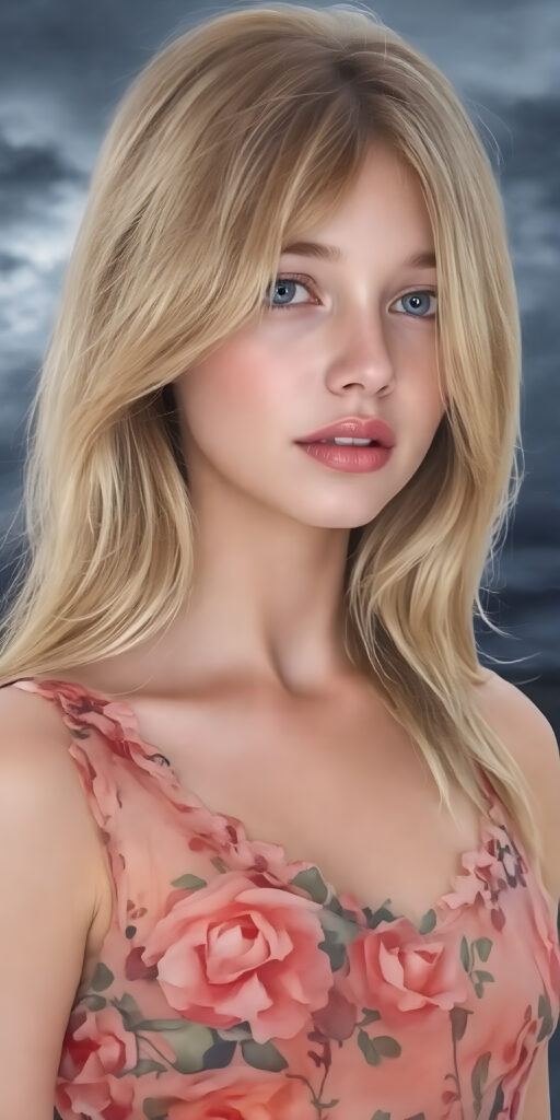 a beautiful, painted picture of a young girl in a silky, flower patterned dress, her soft silky dark blond hair falls over her upper body and is smooth and shiny, in the background a storm is coming up and the clouds are dark, she looks seductive, plump full red lips and white teeth, her eyes are deep blue and shine. It is a masterpiece of a picture and very detailed. The girl is pretty with soft features. Her body and skin are flawless and beautifully sculpted.