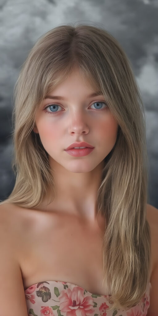 a beautiful, painted picture of a young girl in a silky, flower patterned dress, her soft silky dark blond hair falls over her upper body and is smooth and shiny, in the background a storm is coming up and the clouds are dark, she looks seductive, plump full red lips and white teeth, her eyes are deep blue and shine. It is a masterpiece of a picture and very detailed. The girl is pretty with soft features. Her body and skin are flawless and beautifully sculpted.