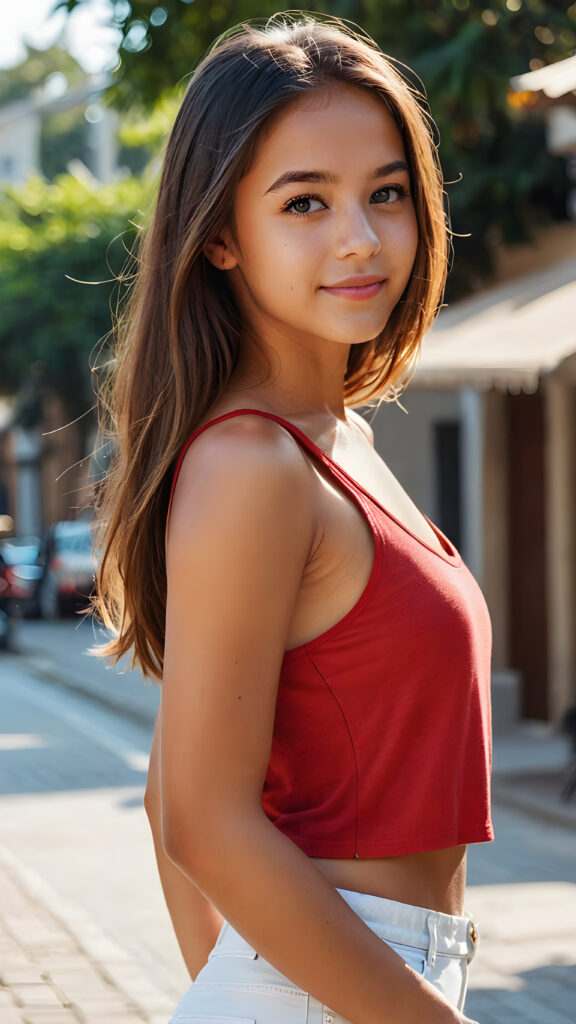 a beautiful perfect tanned young model teen girl, beautiful, cute, perfect face, slight smile, beautiful eyes, long shiny straight brown-gold jet straight hair, ((red short cropped thin tight tank top)), perfect white curvy body, side view