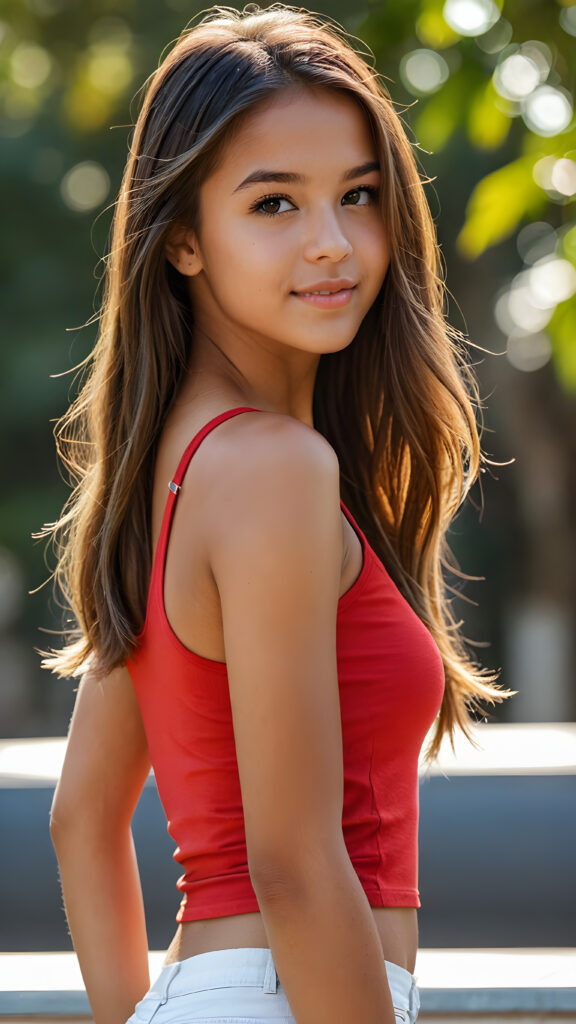 a beautiful perfect tanned young model teen girl, beautiful, cute, perfect face, slight smile, beautiful eyes, long shiny straight brown-gold jet straight hair, ((red short cropped thin tight tank top)), perfect white curvy body, side view