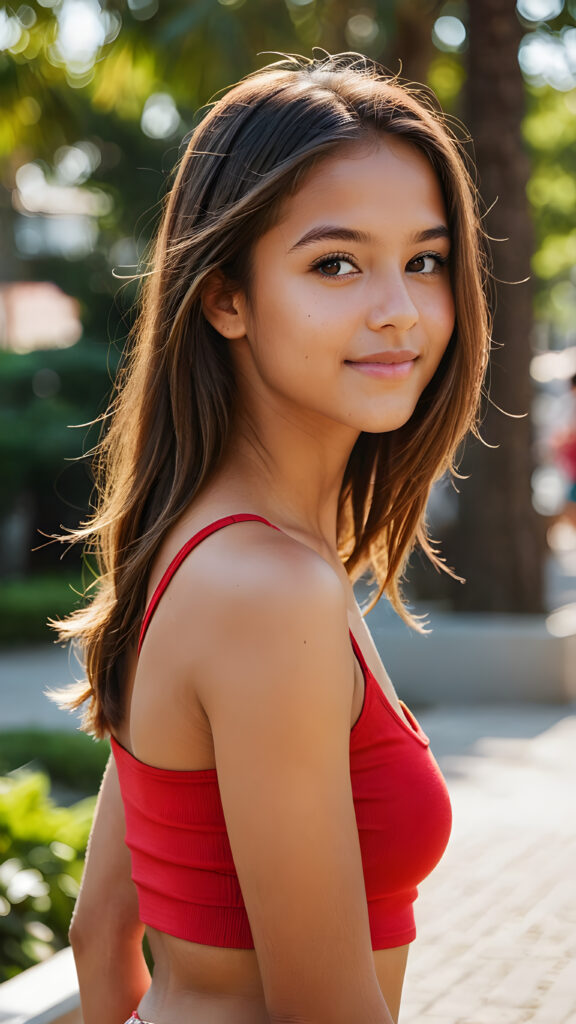 a beautiful perfect tanned young model teen girl, beautiful, cute, perfect face, slight smile, beautiful eyes, long shiny straight brown-gold jet straight hair, ((red short cropped thin tight tank top)), perfect white curvy body, side view