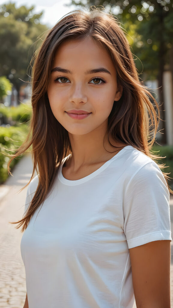 a beautiful perfect curved tanned young model teen girl, with shiny straight brown straight hair, wearing a white thin t-shirt