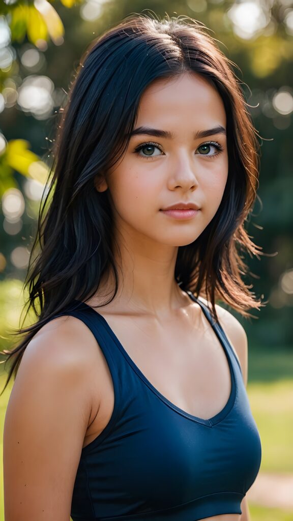 a beautiful petite teenage girl with long detailed radiant black hair, ((form-fitting plain sport top, deep v-neck)), round face, full lips, deep blue eyes, perfect makeup