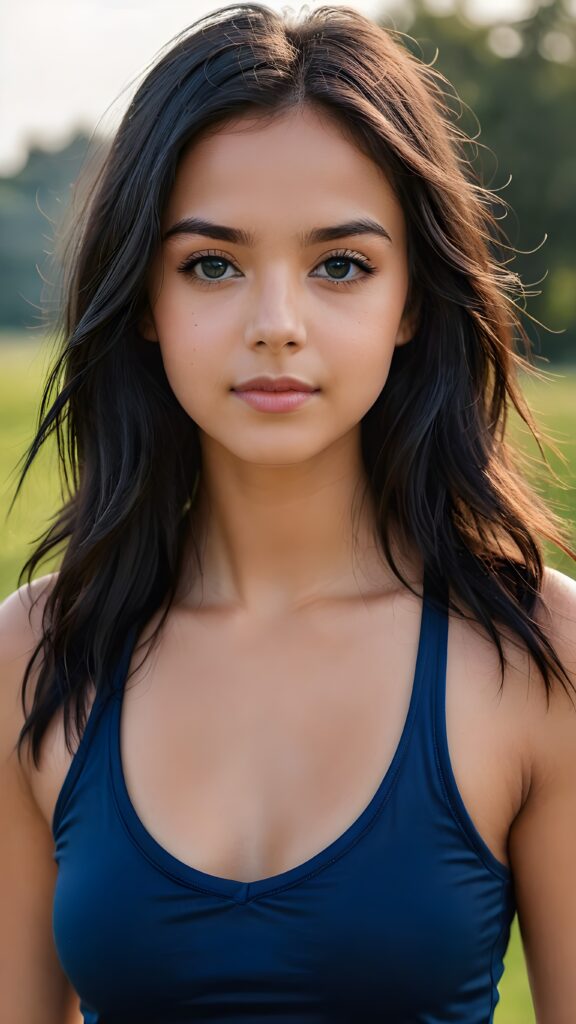 a beautiful petite teenage girl with long detailed radiant black hair, ((form-fitting plain sport top, deep v-neck)), round face, full lips, deep blue eyes, perfect makeup