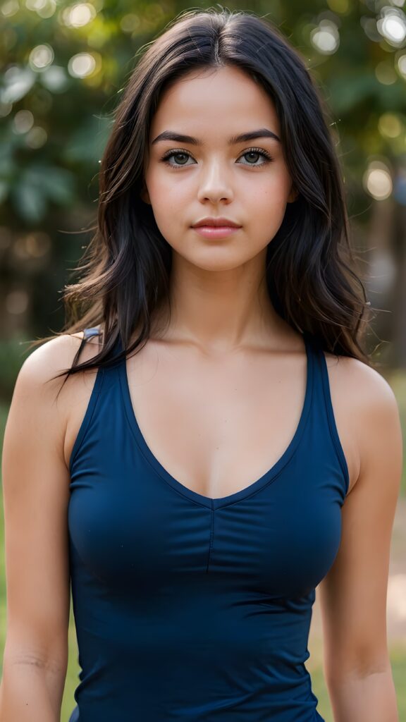 a beautiful petite teenage girl with long detailed radiant black hair, ((form-fitting plain sport top, deep v-neck)), round face, full lips, deep blue eyes, perfect makeup