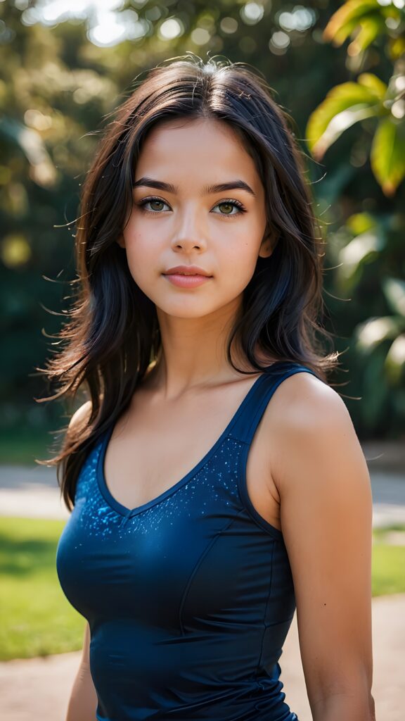 a beautiful petite teenage girl with long detailed radiant black hair, ((form-fitting plain sport top, deep v-neck)), round face, full lips, deep blue eyes, perfect makeup