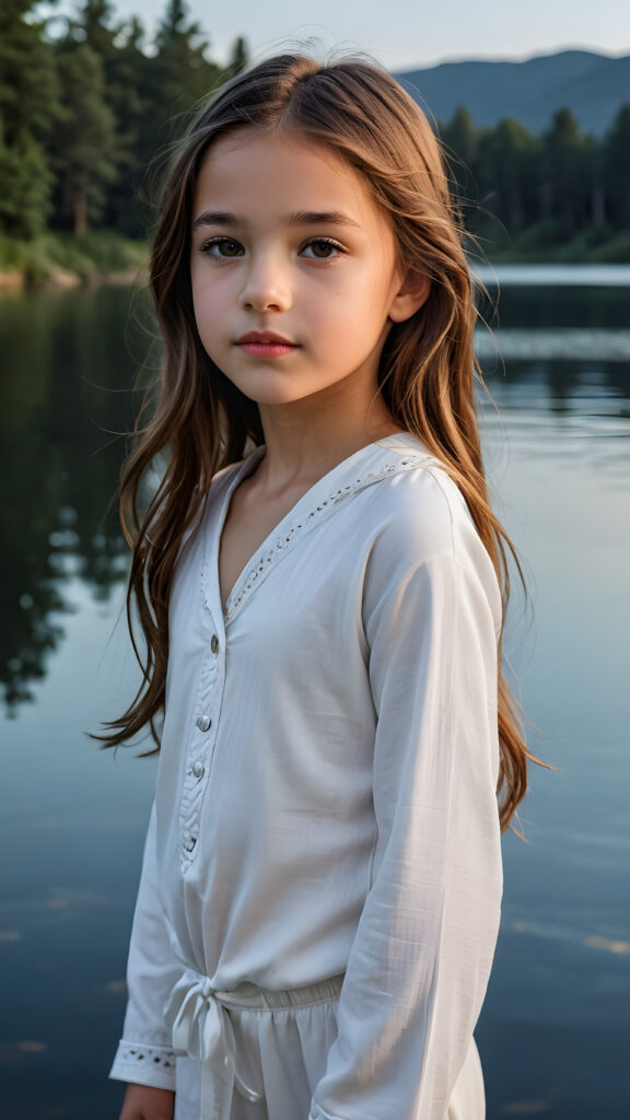 Model: insta realistic, realistic a beautiful picture of a little girl, 9 years old. She has long, straight brown hair and wears a white pijama. She stands in front of a lake in the middle of the night. Faint moonlight illuminates the picture. She has flawless skin and full lips and looks dreamily at the viewer. Side view. Upper body portrait. ((realistic detailed photo)) ((stunning)) ((gorgeous))