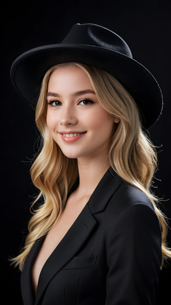 a beautiful picture of a little girl, 21 years old, wearing a black hat. She has long, shiny blonde hair. She is wearing a checked suit and smile very happy. Perfect curved body. She has flawless skin and full lips and looks dreamily at the viewer. Side view. Upper body portrait. ((black background))