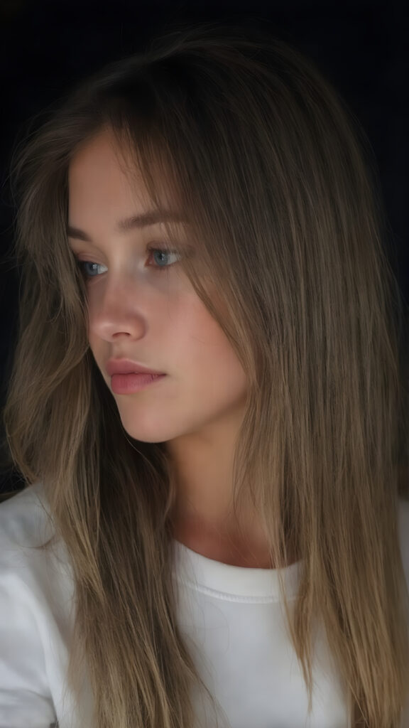 a beautiful picture of a girl. She has long, straight brown hair and wears a white sweatshirt. ((black background)), faint light illuminates the picture. She has flawless skin and full lips and looks dreamily at the viewer. Side view. Upper body portrait. ((realistic detailed photo)) ((stunning)) ((gorgeous))