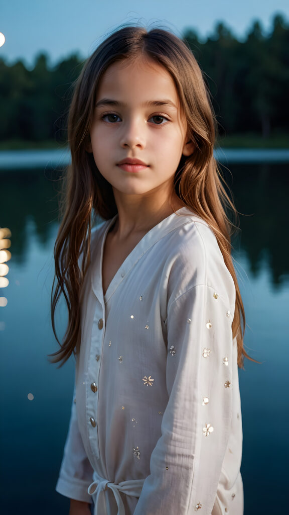 a beautiful picture of a little girl, 9 years old. She has long, straight brown hair and wears a white pijama. She stands in front of a lake in the middle of the night. Faint moonlight illuminates the picture. She has flawless skin and full lips and looks dreamily at the viewer. Side view. Upper body portrait. ((realistic detailed photo)) ((stunning)) ((gorgeous))