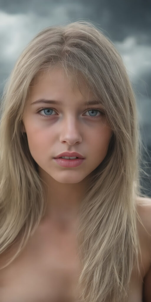 a beautiful picture of a young girl, her soft silky dark blond hair falls over her upper body and is smooth and shiny, in the background a storm is coming up and the clouds are dark, she looks seductive, plump full red lips and white teeth, her eyes are deep blue and shine. It is a masterpiece of a picture and very detailed. The girl is pretty with soft features. Her body and skin are flawless and beautifully sculpted.