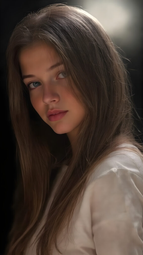 a beautiful picture of a girl. She has long, straight brown hair and wears a white sweatshirt. ((black background)), faint light illuminates the picture. She has flawless skin and full lips and looks dreamily at the viewer. Side view. Upper body portrait. ((realistic detailed photo)) ((stunning)) ((gorgeous))