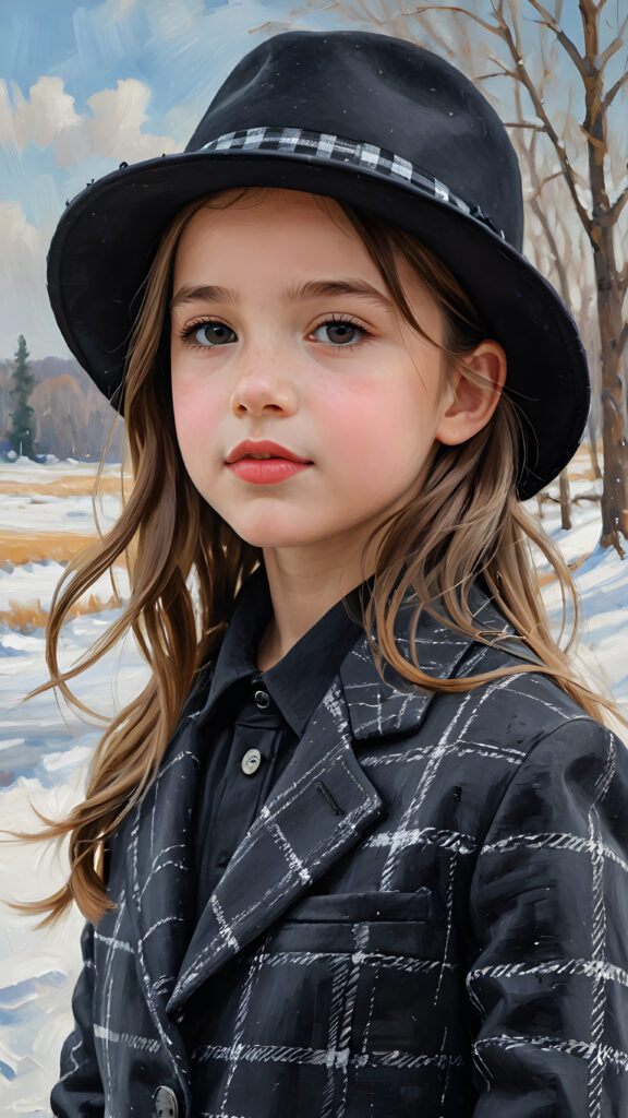 a beautiful picture of a little girl, 9 years old, wearing a black hat. She is wearing a checked suit and is standing in front of a wintry landscape. She has flawless skin and full lips and looks dreamily at the viewer. Side view. Upper body portrait.