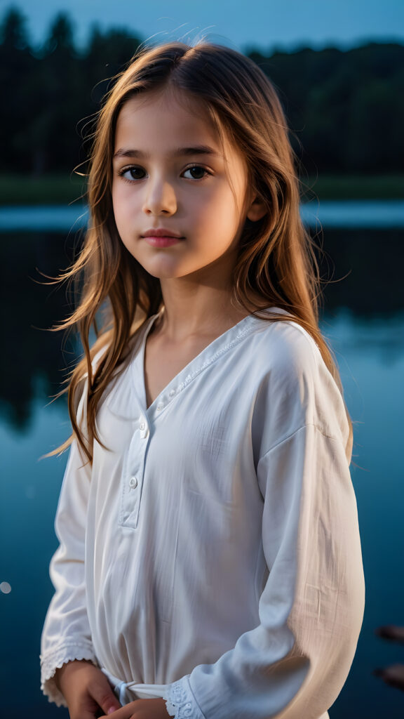 a beautiful picture of a little girl, 9 years old. She has long, straight brown hair and wears a white pijama. She stands in front of a lake in the middle of the night. Faint moonlight illuminates the picture. She has flawless skin and full lips and looks dreamily at the viewer. Side view. Upper body portrait. ((realistic detailed photo)) ((stunning)) ((gorgeous))