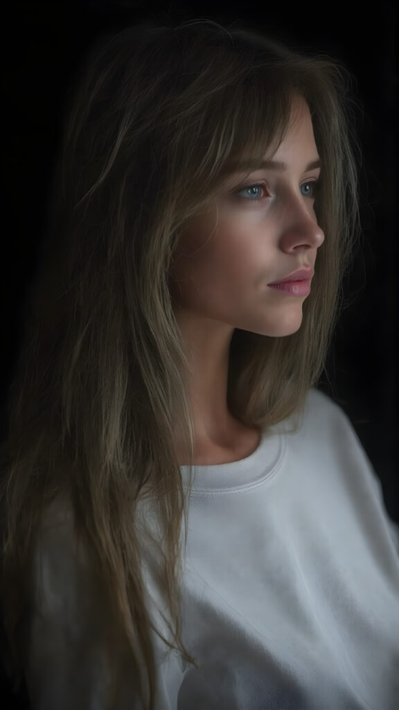 a beautiful picture of a girl. She has long, straight brown hair and wears a white sweatshirt. ((black background)), faint light illuminates the picture. She has flawless skin and full lips and looks dreamily at the viewer. Side view. Upper body portrait. ((realistic detailed photo)) ((stunning)) ((gorgeous))