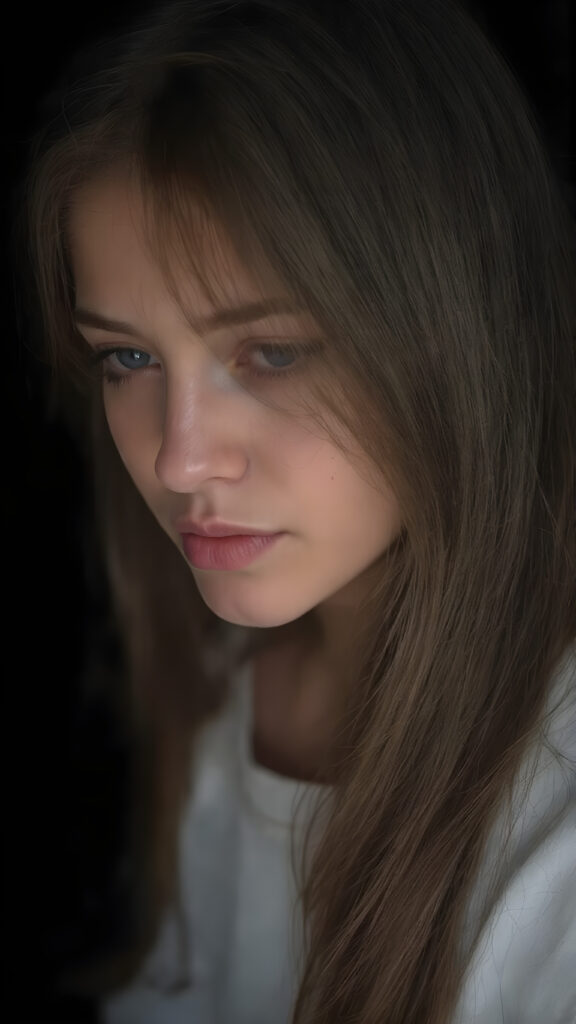 a beautiful picture of a girl. She has long, straight brown hair and wears a white sweatshirt. ((black background)), faint light illuminates the picture. She has flawless skin and full lips and looks dreamily at the viewer. Side view. Upper body portrait. ((realistic detailed photo)) ((stunning)) ((gorgeous))