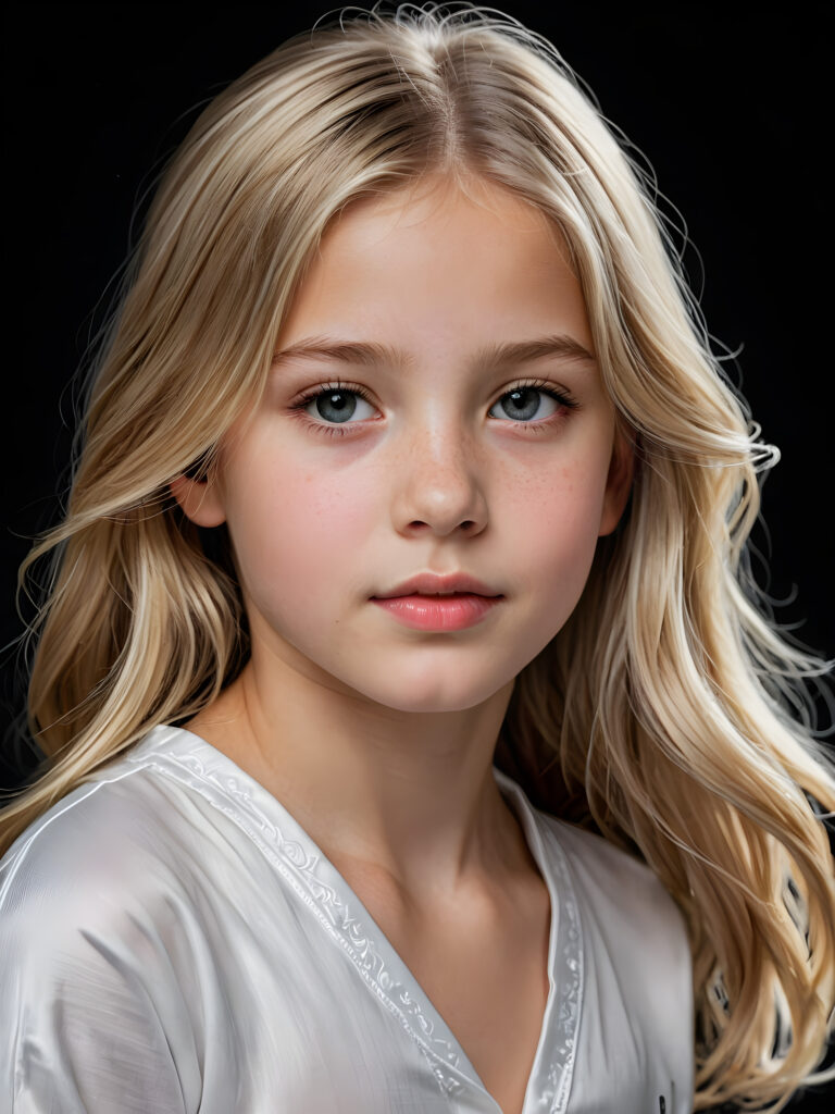 a beautiful picture of a little girl, 11 years old. She has long, shiny blonde hair and wears a white pijama. ((black background)). Faintlight illuminates the picture. She has flawless skin and full lips and looks dreamily at the viewer. Side view. Upper body portrait.