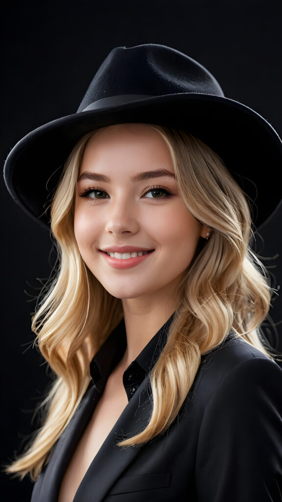 a beautiful picture of a little girl, 21 years old, wearing a black hat. She has long, shiny blonde hair. She is wearing a checked suit and smile very happy. Perfect curved body. She has flawless skin and full lips and looks dreamily at the viewer. Side view. Upper body portrait. ((black background))