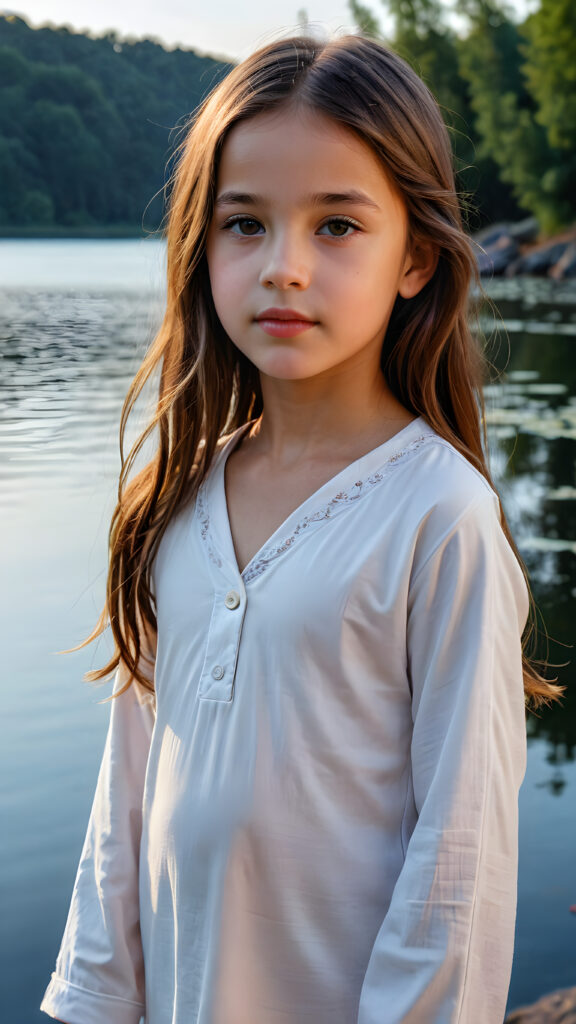 Model: insta realistic, realistic a beautiful picture of a little girl, 9 years old. She has long, straight brown hair and wears a white pijama. She stands in front of a lake in the middle of the night. Faint moonlight illuminates the picture. She has flawless skin and full lips and looks dreamily at the viewer. Side view. Upper body portrait. ((realistic detailed photo)) ((stunning)) ((gorgeous))