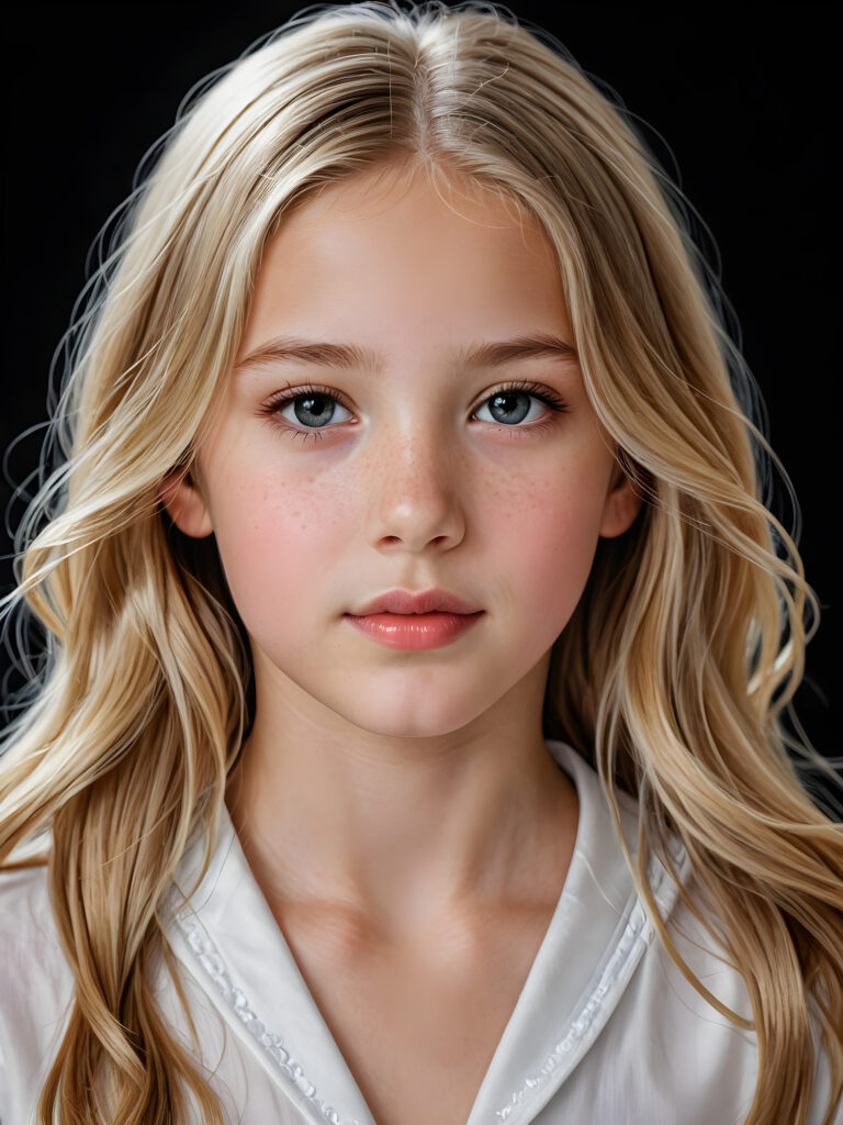 a beautiful picture of a little girl, 11 years old. She has long, shiny blonde hair and wears a white pijama. ((black background)). Faintlight illuminates the picture. She has flawless skin and full lips and looks dreamily at the viewer. Side view. Upper body portrait.