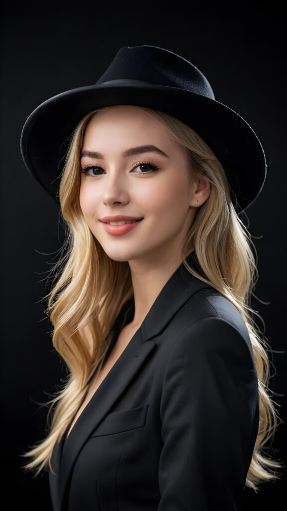 a beautiful picture of a little girl, 21 years old, wearing a black hat. She has long, shiny blonde hair. She is wearing a checked suit and smile very happy. Perfect curved body. She has flawless skin and full lips and looks dreamily at the viewer. Side view. Upper body portrait. ((black background))